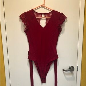 Elegant Red Lace Sleeve Bodysuit